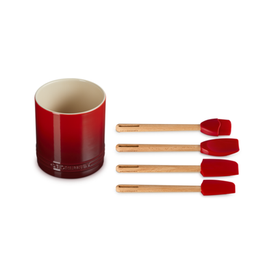 Kit 3 Espátulas e 1 Pincel de Silicone e Porta Utensílios Cerâmica Signature Vermelho 1,1L Le Creuset