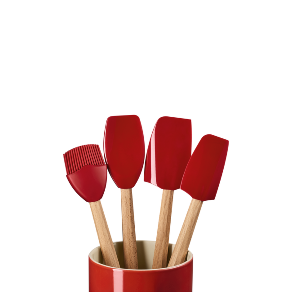 Kit 3 Espátulas e 1 Pincel de Silicone e Porta Utensílios Cerâmica Signature Vermelho 1,1L Le Creuset