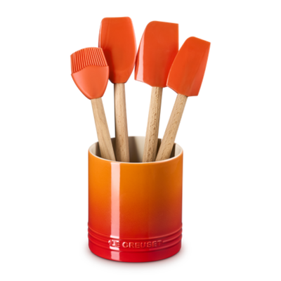 Kit 3 Espátulas e 1 Pincel de Silicone e Porta Utensílios Cerâmica Signature Laranja 1,1L Le Creuset