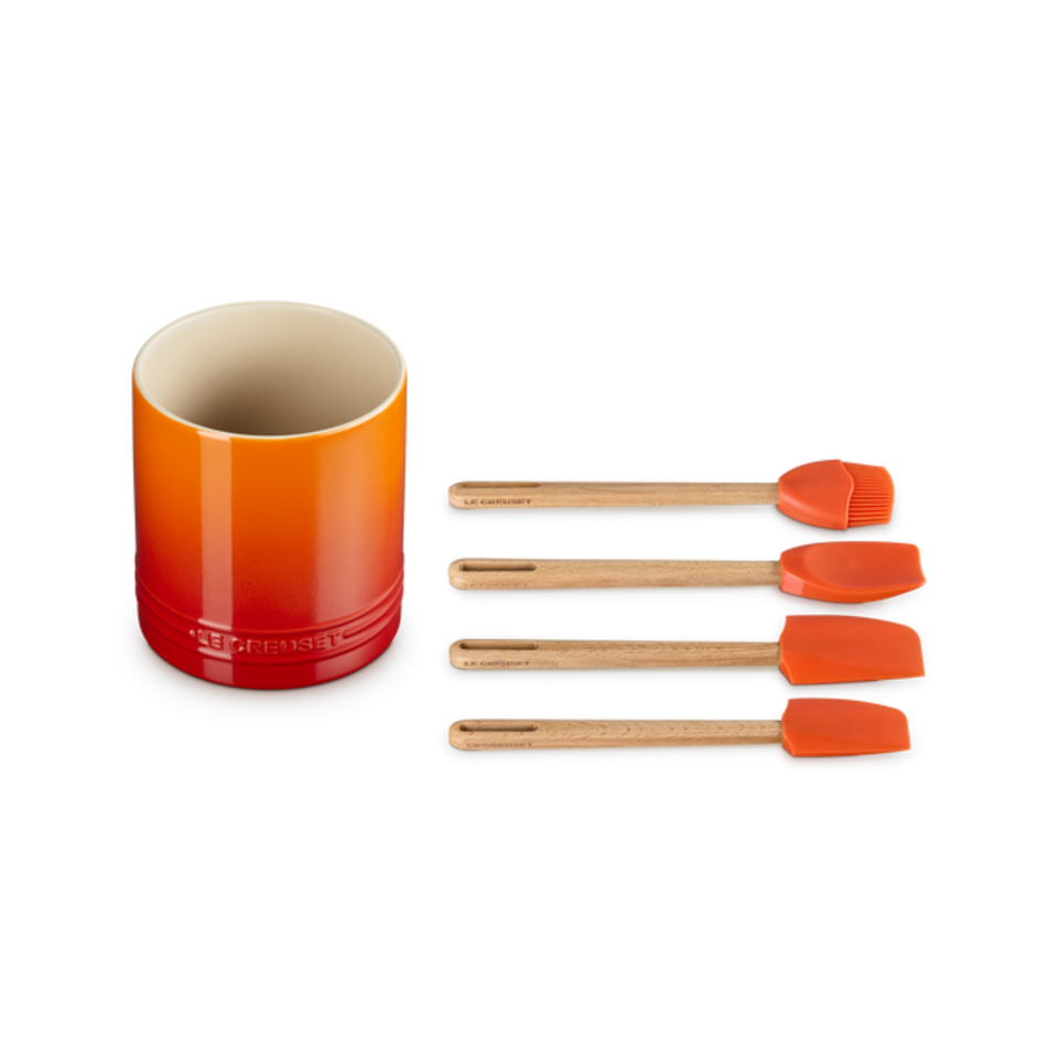 Kit 3 Espátulas e 1 Pincel de Silicone e Porta Utensílios Cerâmica Signature Laranja 1,1L Le Creuset