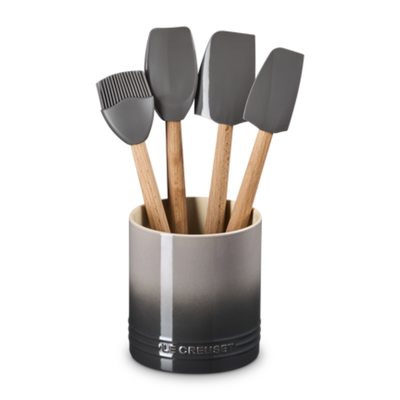 Kit 3 Espátulas e 1 Pincel de Silicone e Porta Utensílios Cerâmica Signature Flint 1,1L Le Creuset