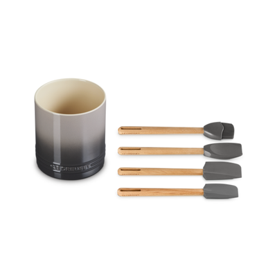 Kit 3 Espátulas e 1 Pincel de Silicone e Porta Utensílios Cerâmica Signature Flint 1,1L Le Creuset