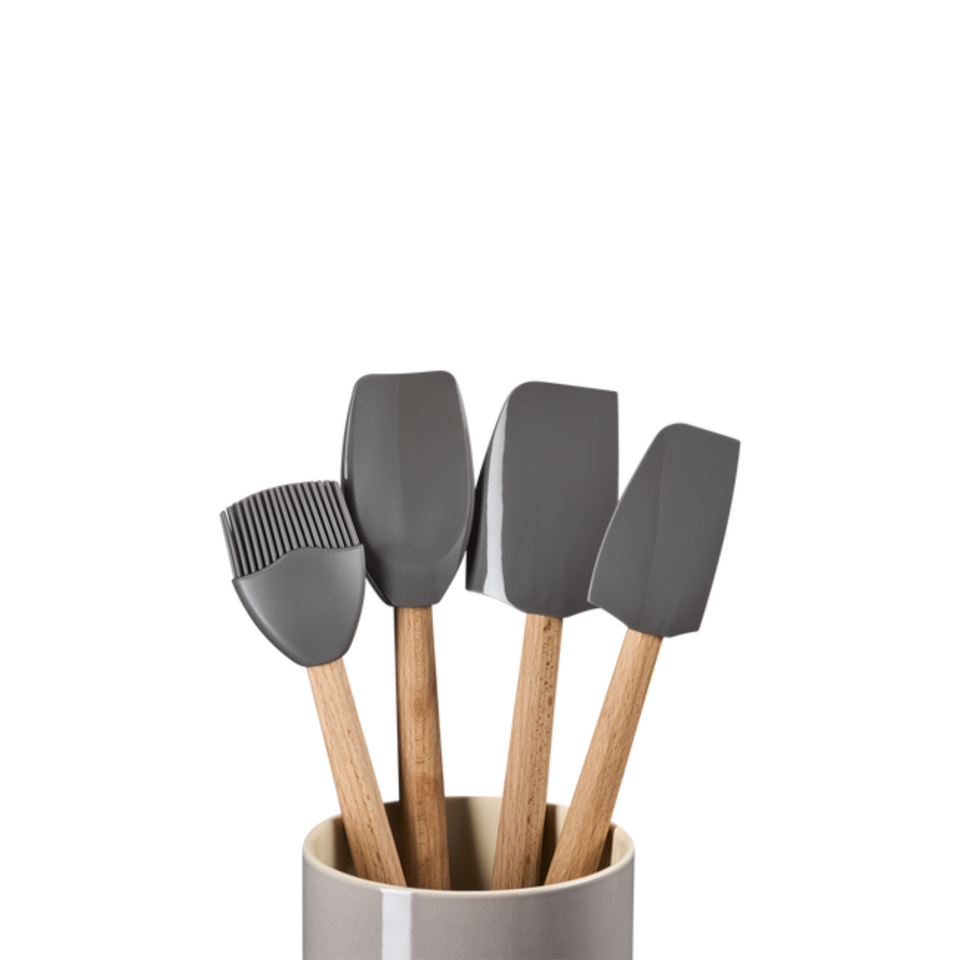 Kit 3 Espátulas e 1 Pincel de Silicone e Porta Utensílios Cerâmica Signature Flint 1,1L Le Creuset