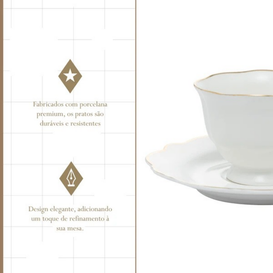 Kit com 6 Xícaras de Chá com Pires Porcelana Wolff Maldivas Fio Dourado 180ml