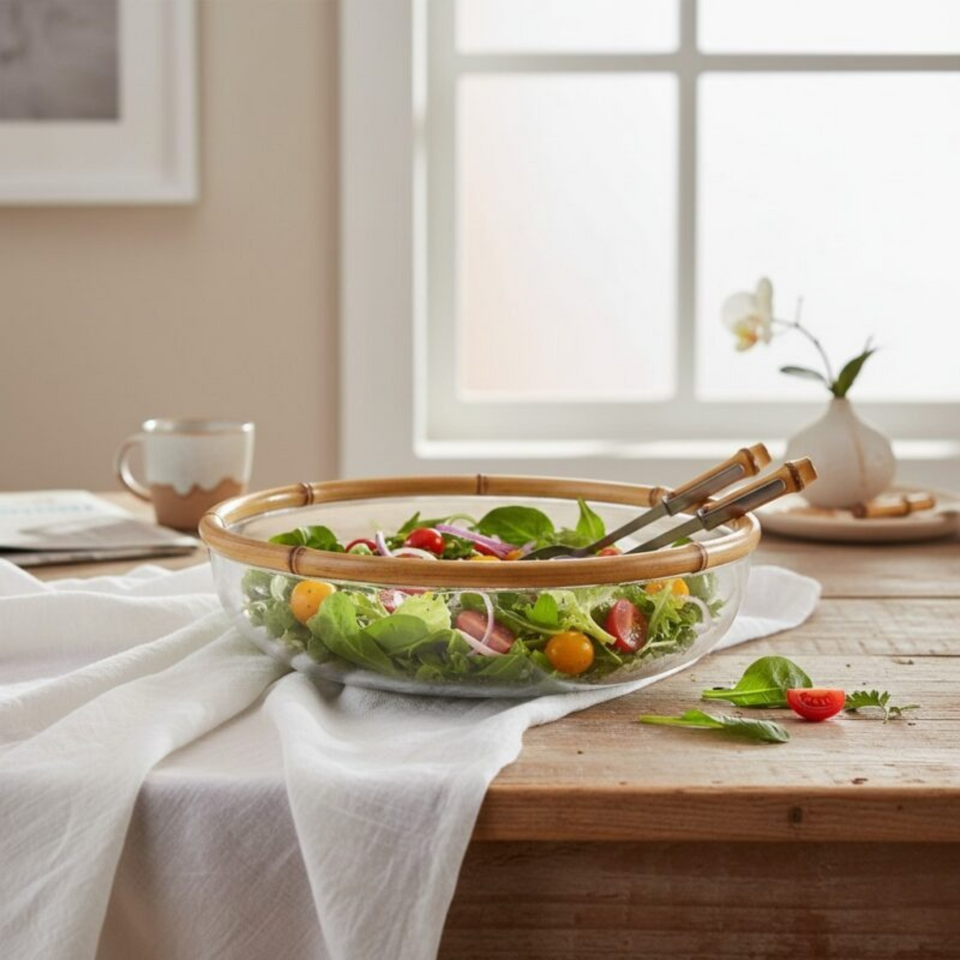 Saladeira Grande de Vidro com Bambu Rajado