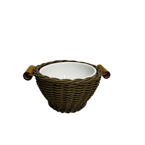 Bowl Cerâmica com Vime Trançado e Alças Bambu Capuccino P