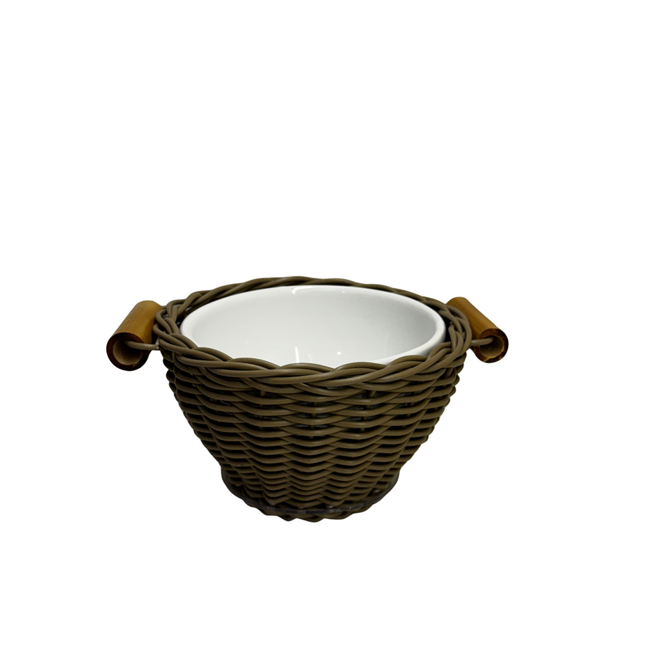 Bowl Cerâmica com Vime Trançado e Alças Bambu Capuccino P