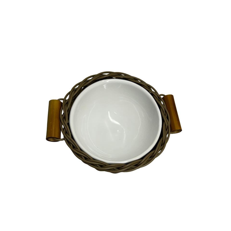Bowl Cerâmica com Vime Trançado e Alças Bambu Capuccino P