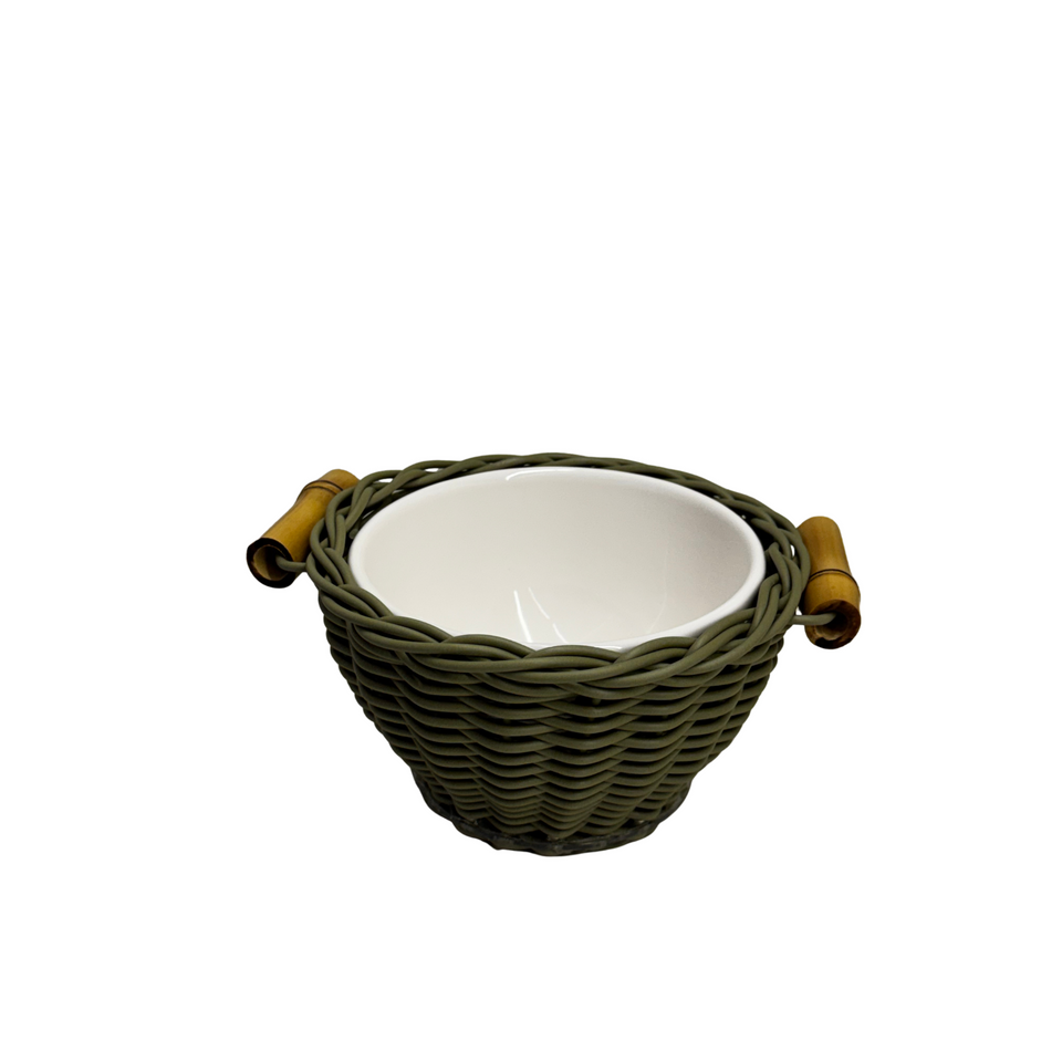 Bowl Cerâmica com Vime Trançado e Alças Bambu Oliva P