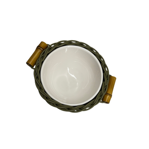 Bowl Cerâmica com Vime Trançado e Alças Bambu Oliva P