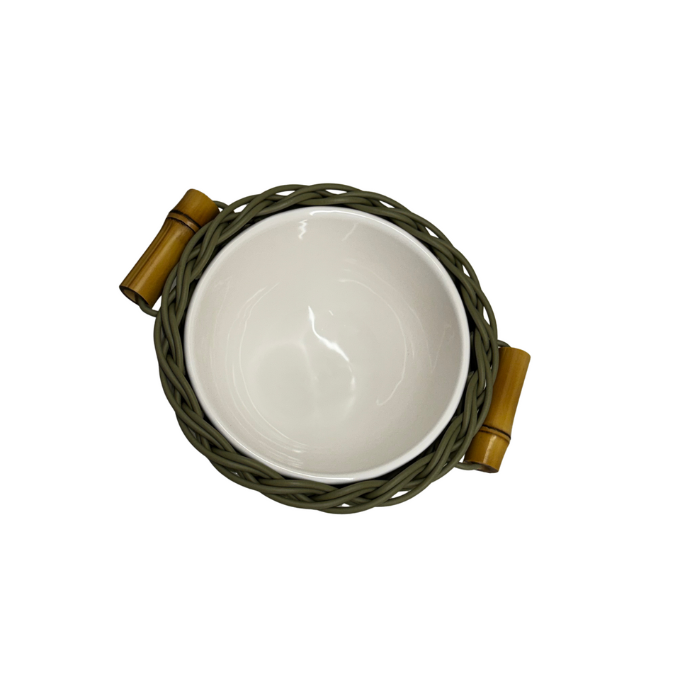 Bowl Cerâmica com Vime Trançado e Alças Bambu Oliva P