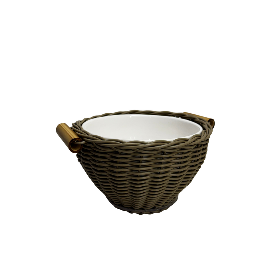 Bowl Cerâmica com Vime Trançado e Alças Bambu Capuccino M