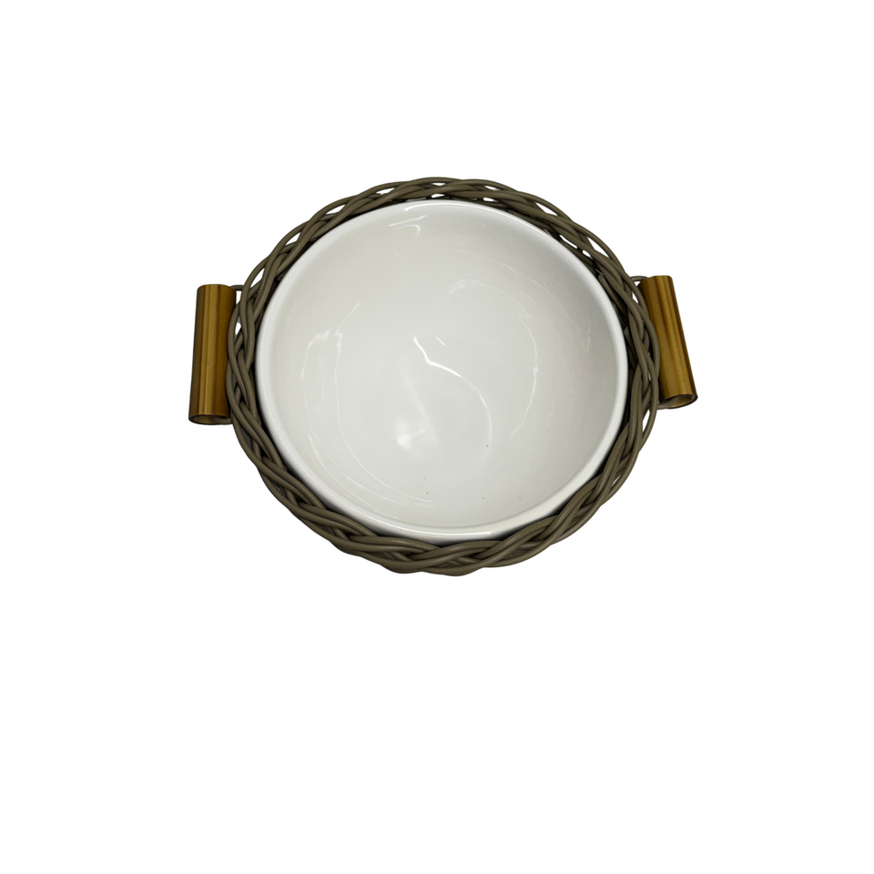 Bowl Cerâmica com Vime Trançado e Alças Bambu Capuccino M