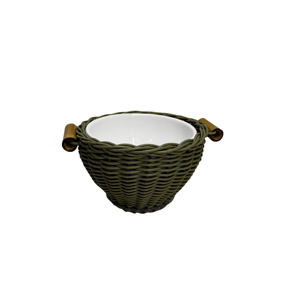 Bowl Cerâmica com Vime Trançado e Alças Bambu Oliva M