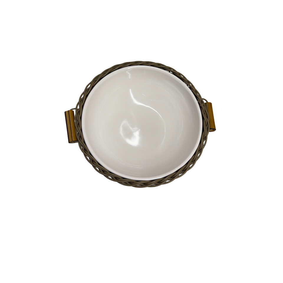 Bowl Cerâmica com Vime Trançado e Alças Bambu Capuccino G