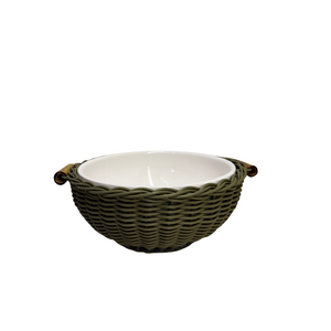 Bowl Cerâmica com Vime Trançado e Alças Bambu Oliva G