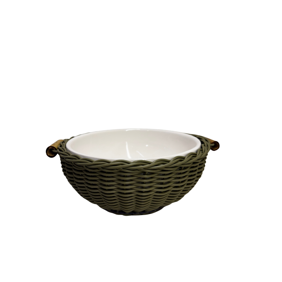 Bowl Cerâmica com Vime Trançado e Alças Bambu Oliva G