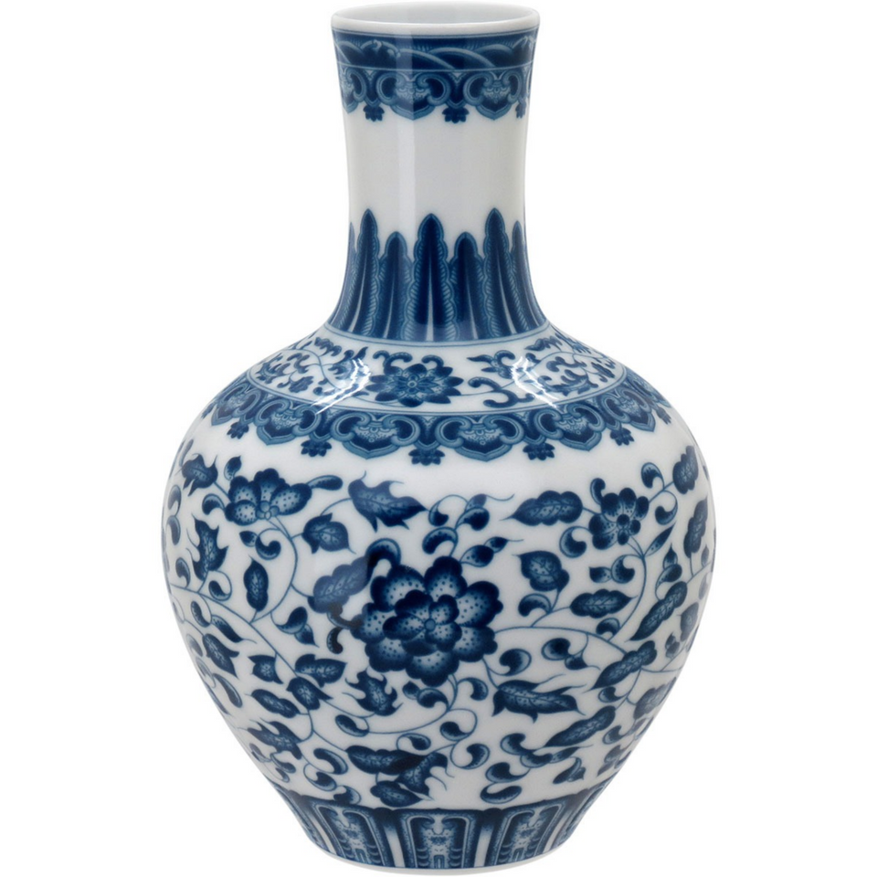Vaso Cerâmica Floral Gargalo Longo Azul / Branco 22x14cm Home&Co