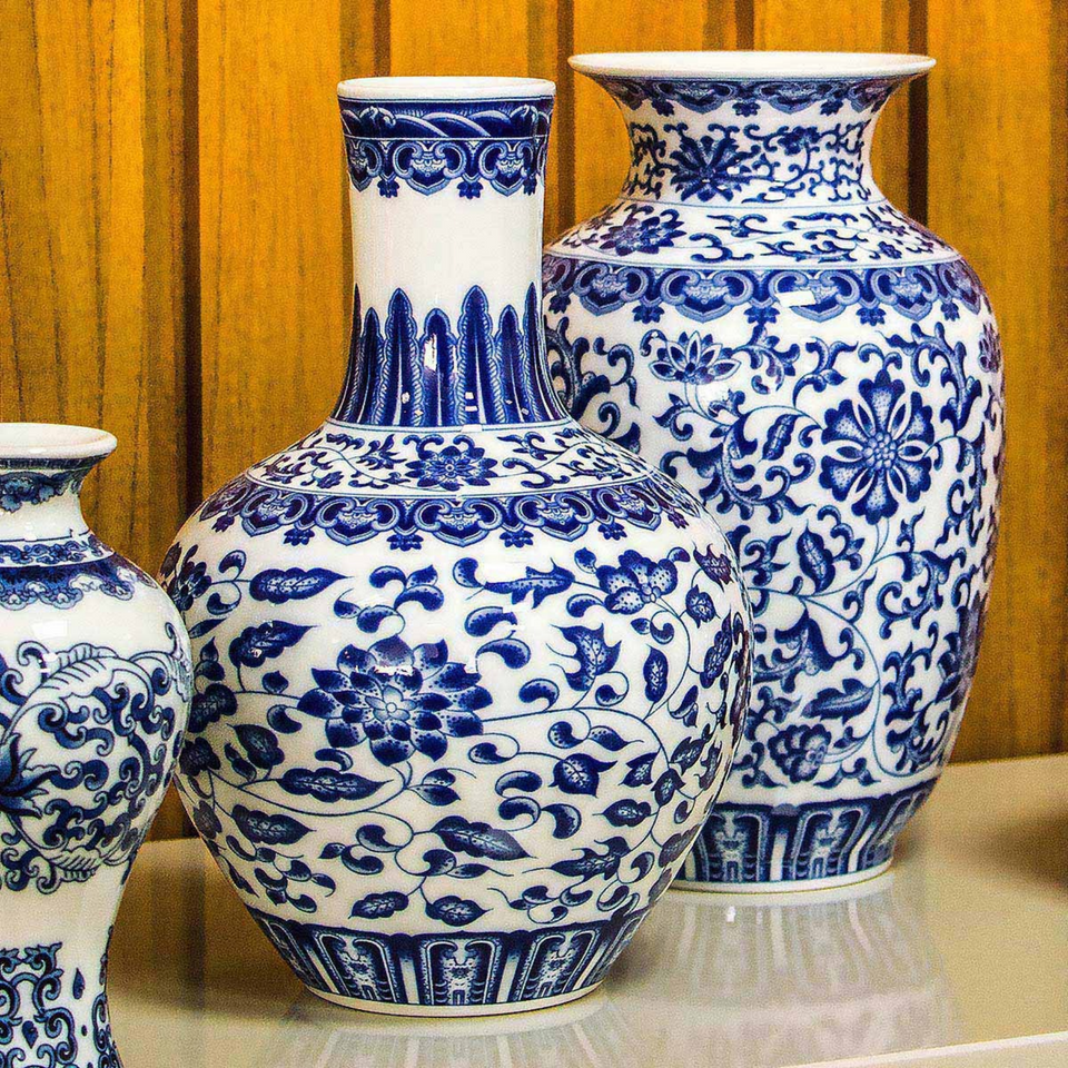 Vaso Cerâmica Floral Gargalo Longo Azul / Branco 22x14cm Home&Co