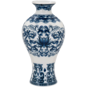 Vaso Cerâmica Arabescos Gargalo Curto Azul / Branco 14x8cm Home&Co