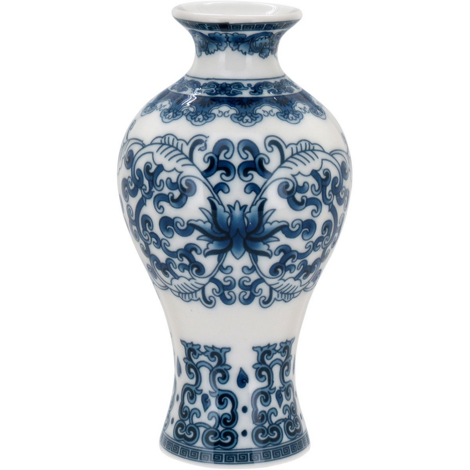 Vaso Cerâmica Arabescos Gargalo Curto Azul / Branco 14x8cm Home&Co