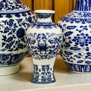 Vaso Cerâmica Arabescos Gargalo Curto Azul / Branco 14x8cm Home&Co