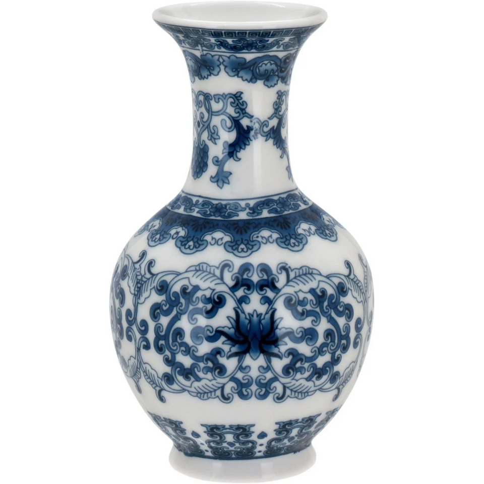 Vaso Cerâmica Arabescos Gargalo Longo Azul / Branco 14x8cm Home&Co