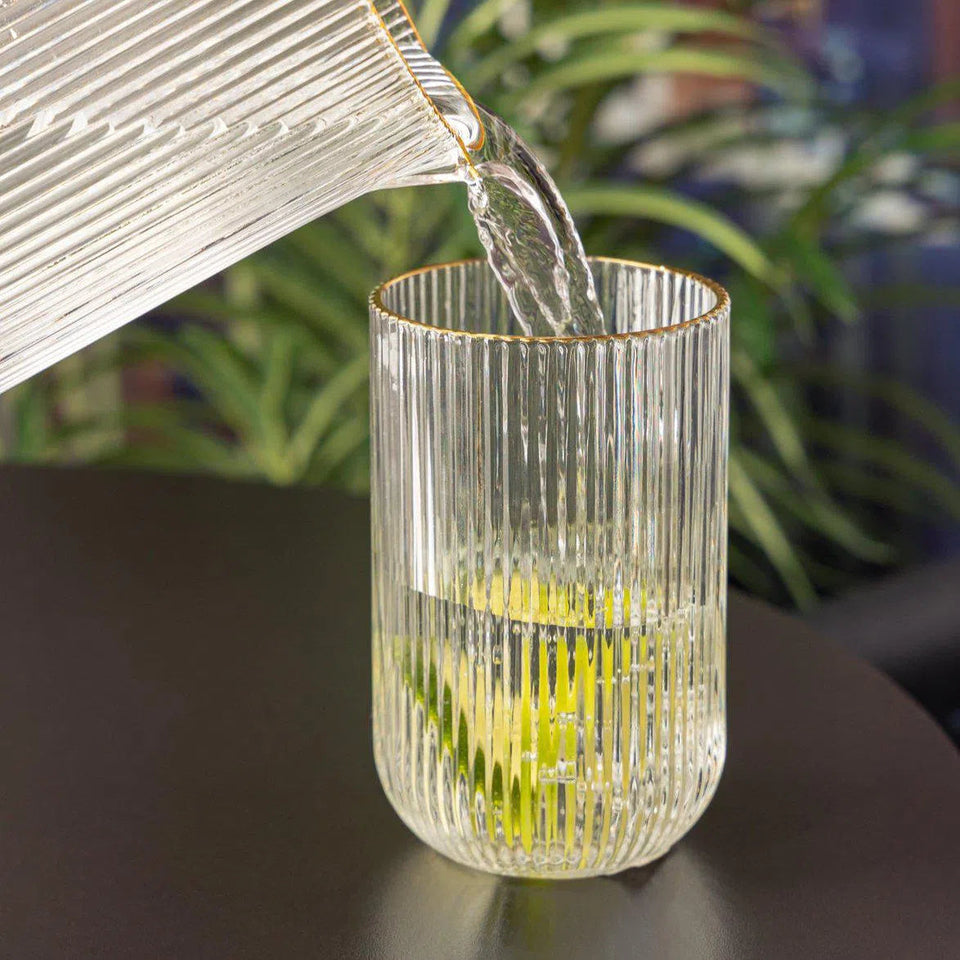 Jogo 2 Copos Altos Vidro Cristalino Borda Dourada Lines 430ml