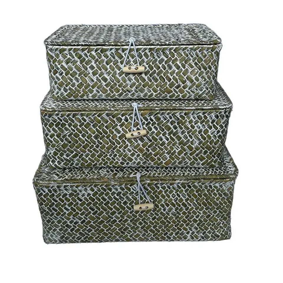 Jogo 3 Cestos em Fibra Natural Marrom / Branco Linha Singular