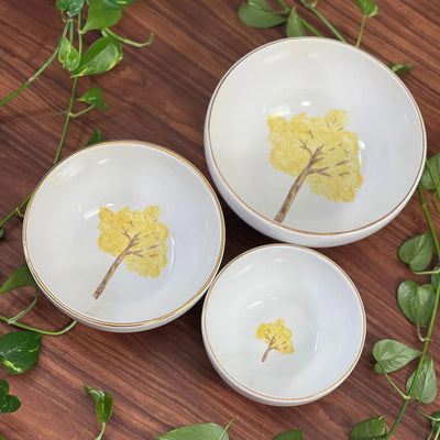 Jogo 3 Tigelas Cerâmica Cerâmica Ypê Amarelo com Filete de Ouro Scalla