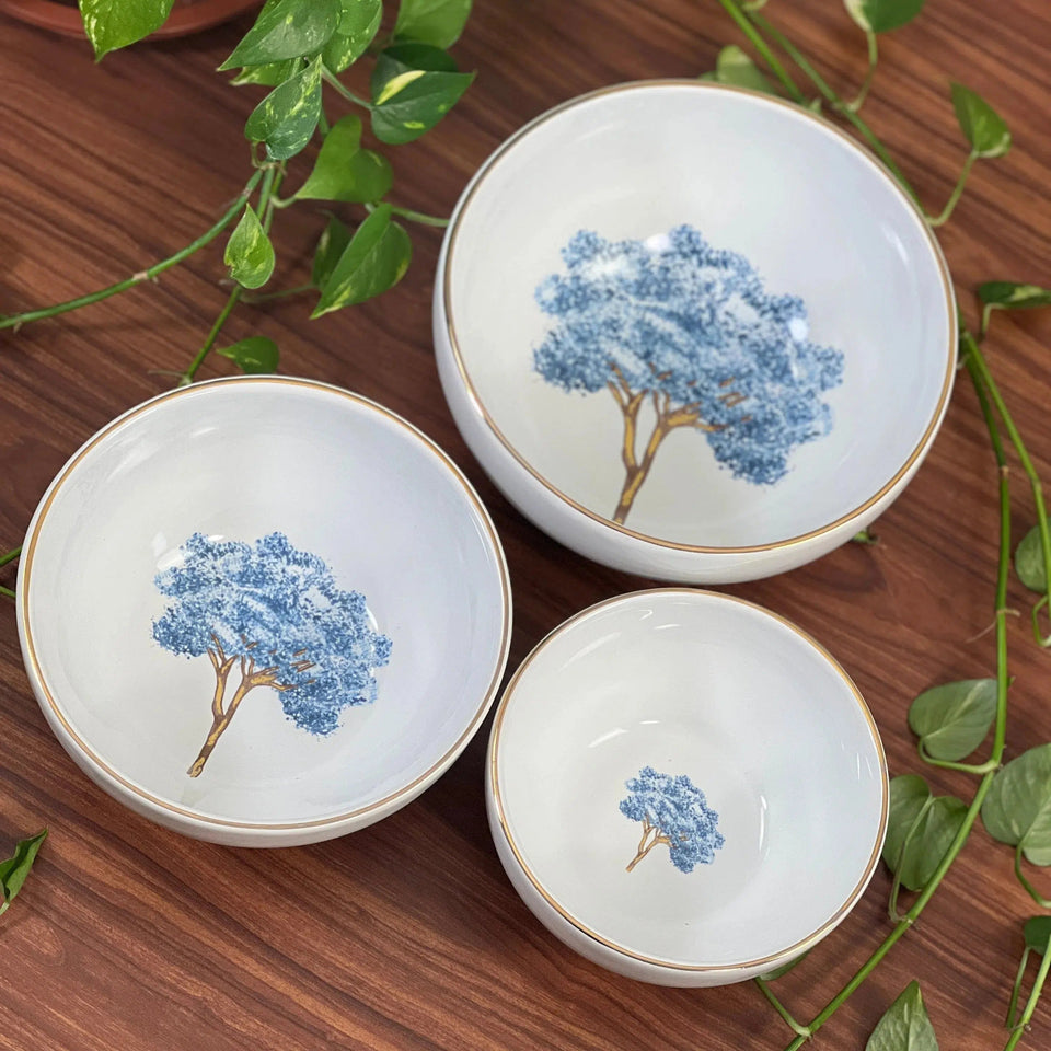 Jogo 3 Tigelas Cerâmica Cerâmica Ypê Azul com Filete de Ouro Scalla