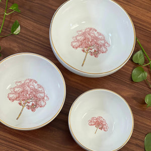 Jogo 3 Tigelas Cerâmica Cerâmica Ypê Rosa com Filete de Ouro Scalla