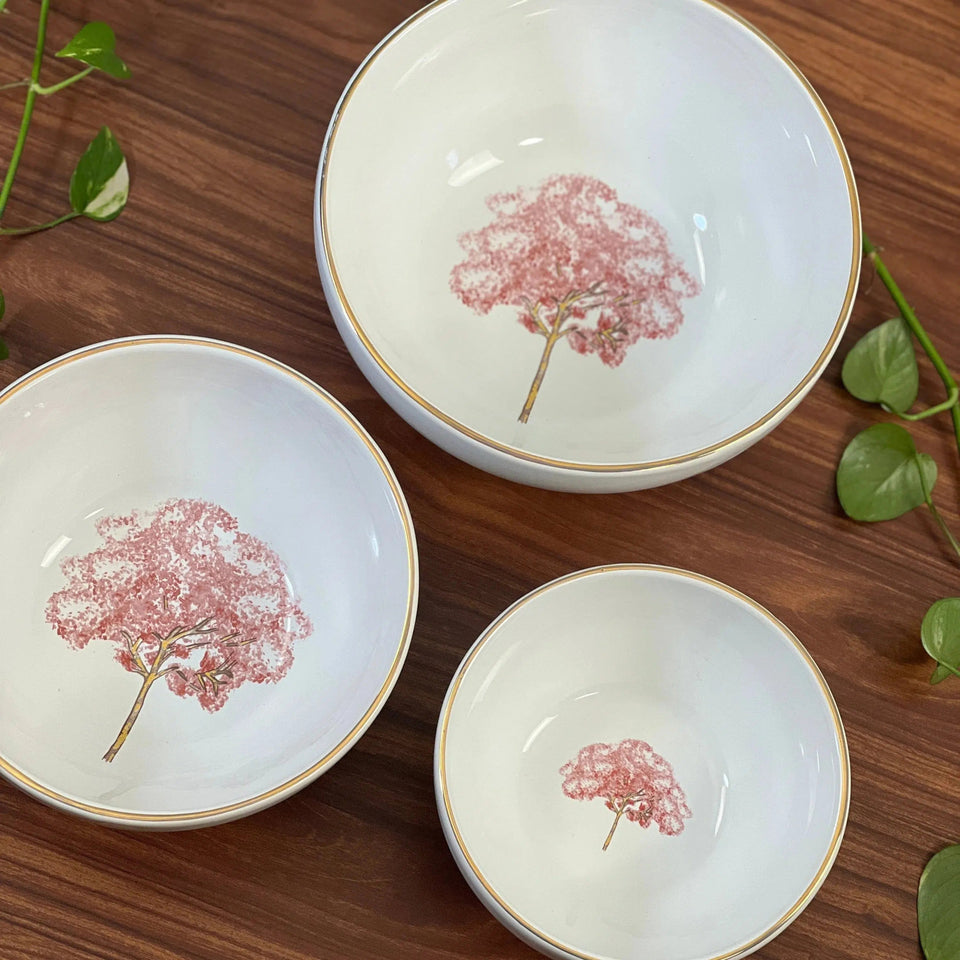 Jogo 3 Tigelas Cerâmica Cerâmica Ypê Rosa com Filete de Ouro Scalla