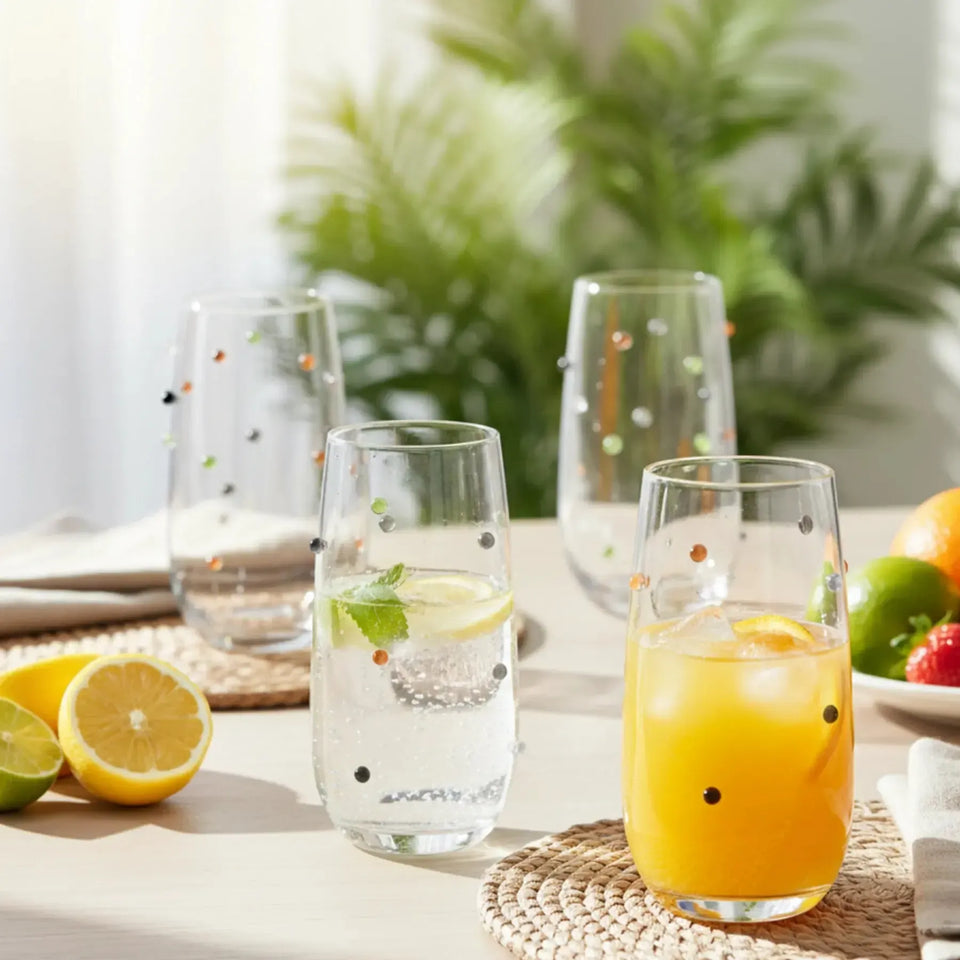 Jogo 4 Copos Altos Vidro Dots Colorido 520ml