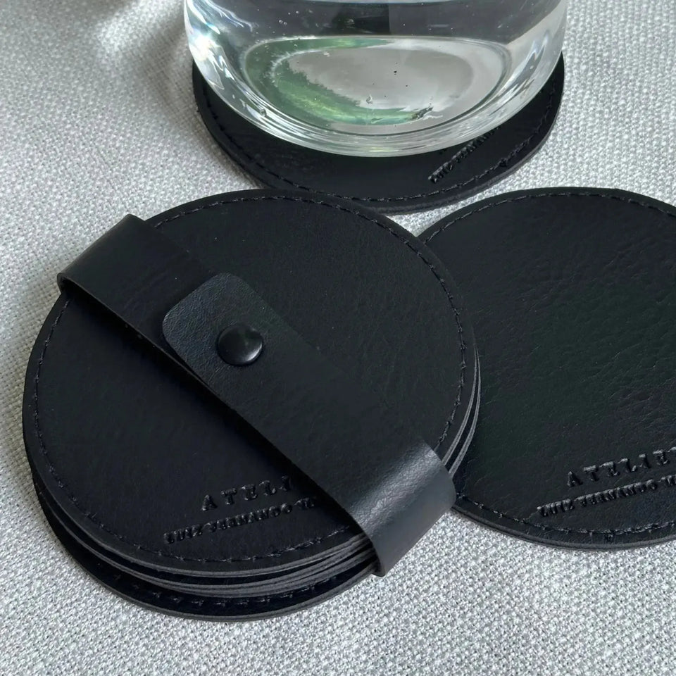 Jogo 4 Porta Copos Redondo Couro Vegano Montana Preto