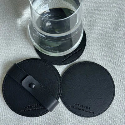 Jogo 4 Porta Copos Redondo Couro Vegano Montana Preto