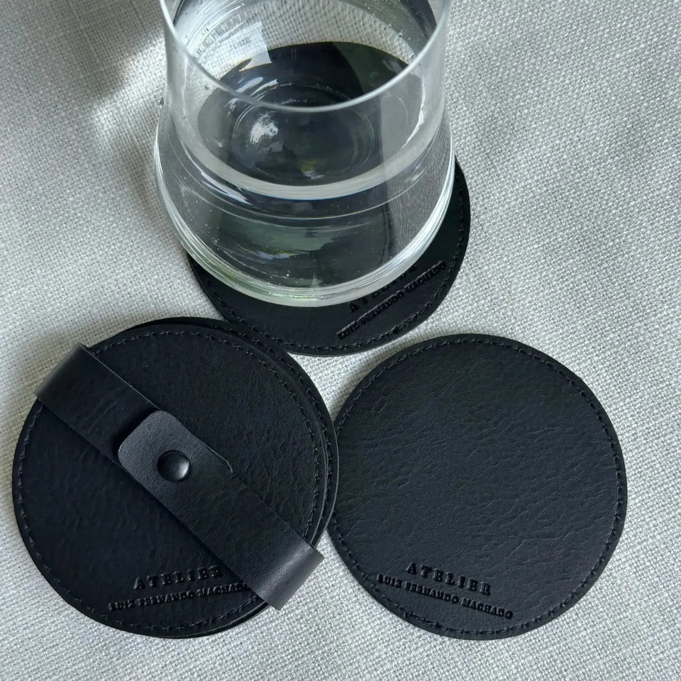 Jogo 4 Porta Copos Redondo Couro Vegano Montana Preto