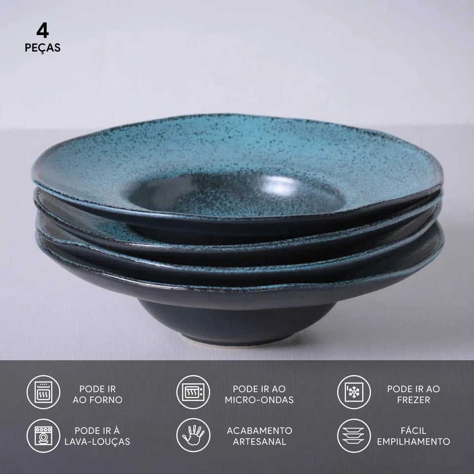 Jogo 4 Pratos Chapéu Stoneware Orgânico Petroleum/Night Sky 450ml 28x6,5cm Porto Brasil