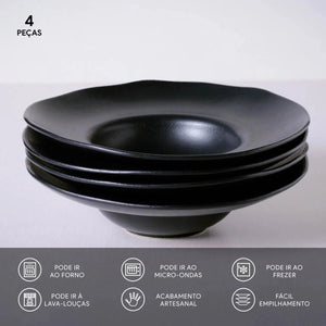 Jogo 4 Pratos Chapéu Stoneware Orgânico Preto Matte 28x6,5cm 450ml Porto Brasil