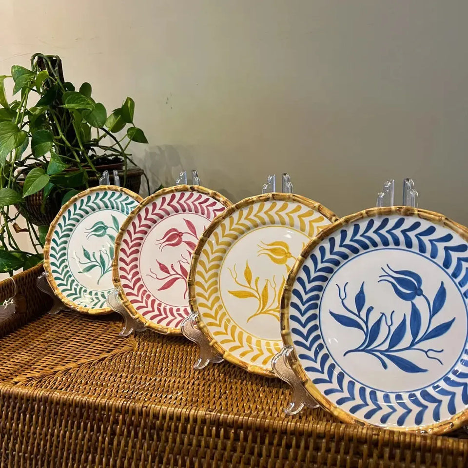 Jogo 4 Pratos de Sobremesa Cerâmica Colorful Handmade Flor Fechada 20cm Maison Blanche