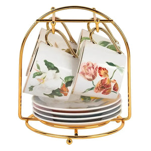 Jogo 4 Xícaras de Café com Pires New Bone China Blummen Borda Dourada e Suporte 90ml L'Hermitage