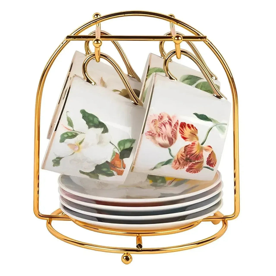 Jogo 4 Xícaras de Café com Pires New Bone China Blummen Borda Dourada e Suporte 90ml L'Hermitage