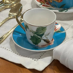 Jogo 4 Xícaras de Café com Pires New Bone China Blummen Borda Dourada e Suporte 90ml L'Hermitage