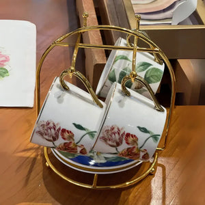 Jogo 4 Xícaras de Café com Pires New Bone China Blummen Borda Dourada e Suporte 90ml L'Hermitage