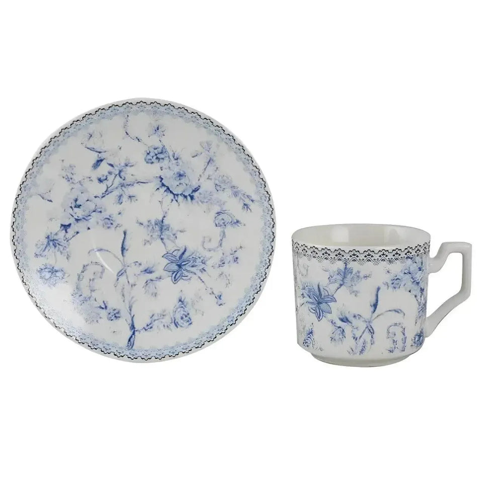 Jogo 4 Xícaras de Café com Pires New Bone China Hortênsia 90ml Azul L'Hermitage
