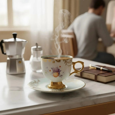 Jogo 4 Xícaras de Café com Pires New Bone China Madeleine Azul Borda Dourada 90ml L'Hermitage