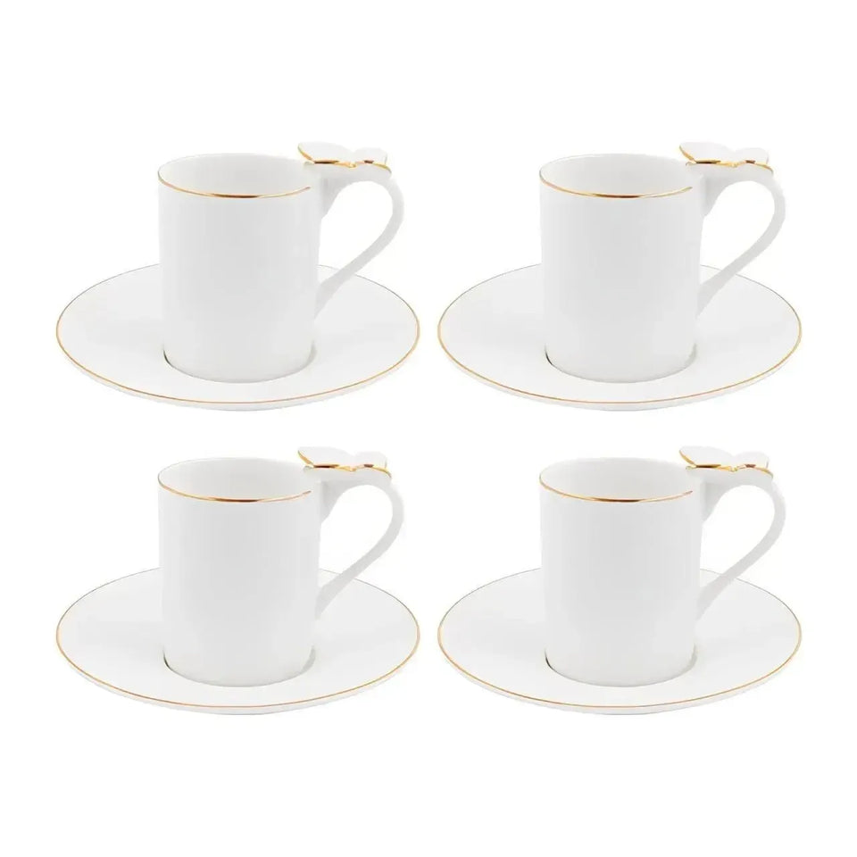 Jogo 4 Xícaras de Café com Pires New Bone China Papillon Borboleta Borda Dourada 100ml L'Hermitage