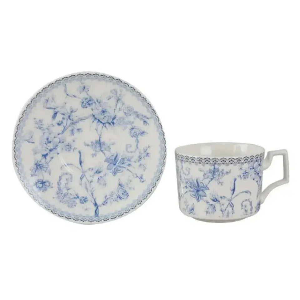 Jogo 4 Xícaras de Chá com Pires New Bone China Hortênsia 220ml Azul L'Hermitage