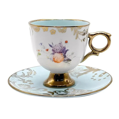 Jogo 4 Xícaras de Chá com Pires New Bone China Madeleine Azul Borda Dourada 200ml L'Hermitage