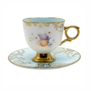 Jogo 4 Xícaras de Café com Pires New Bone China Madeleine Azul Borda Dourada 90ml L'Hermitage